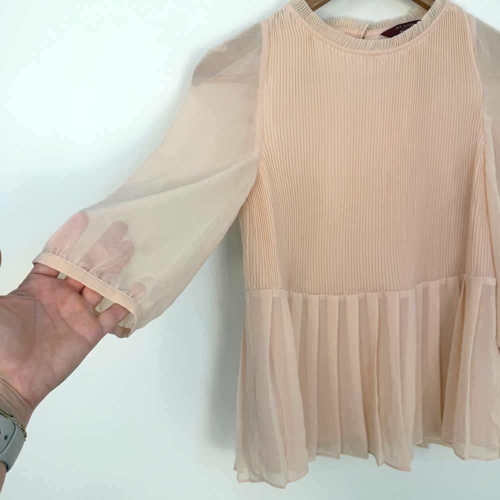 Ted Baker London Pleated Chiffon Blouse Women Size 0 Pink Peplum Sheer Sleeve - Picture 5 of 8